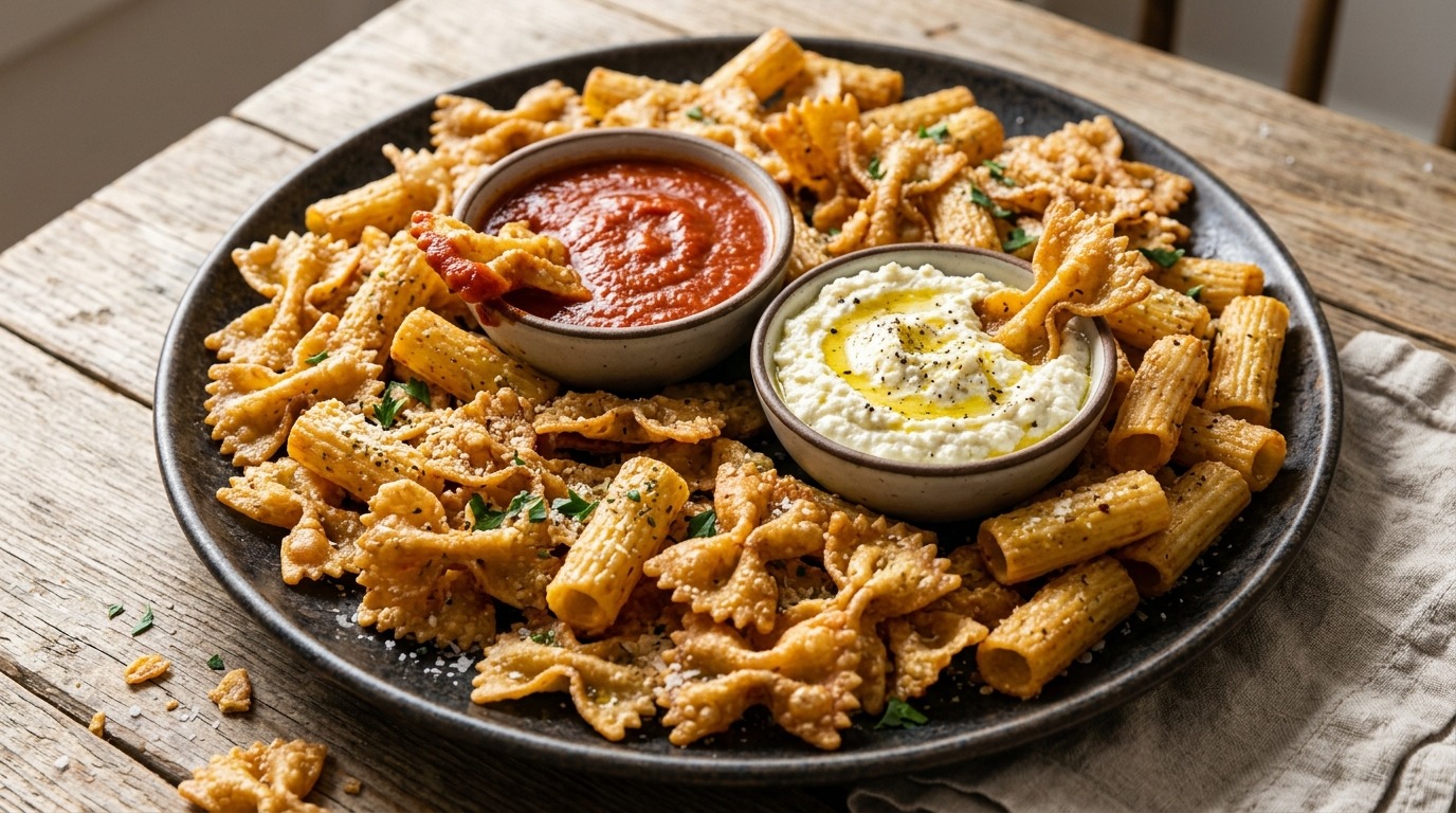 Crispy pasta chips, a viral snack dinner, with marinara and whipped feta dip