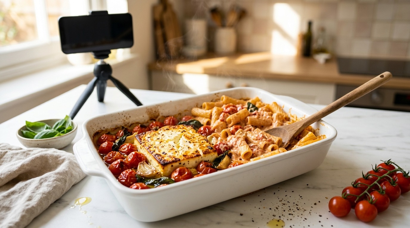 Viral TikTok dinners: baked feta pasta with burst cherry tomatoes in a white baking dish