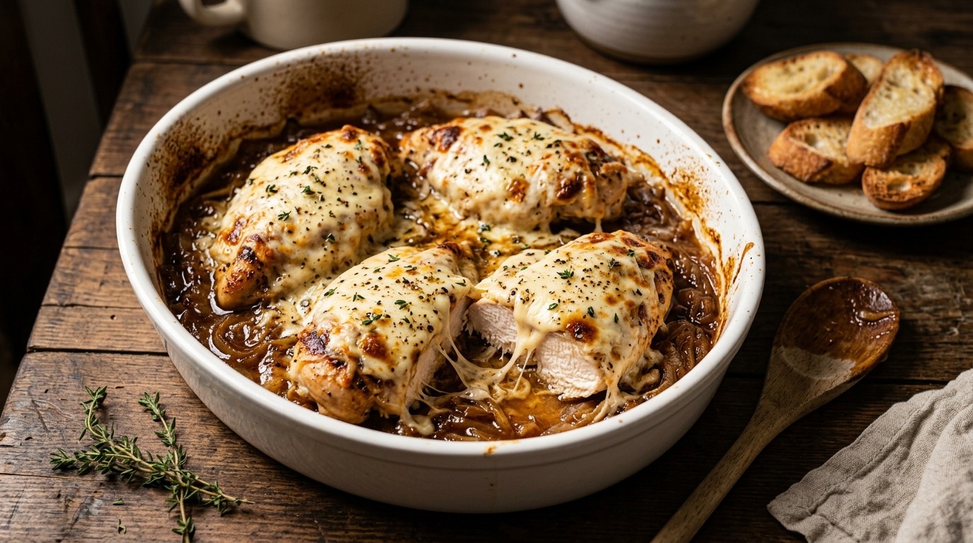 TikTok French onion chicken bake with melted Gruyere and caramelized onions