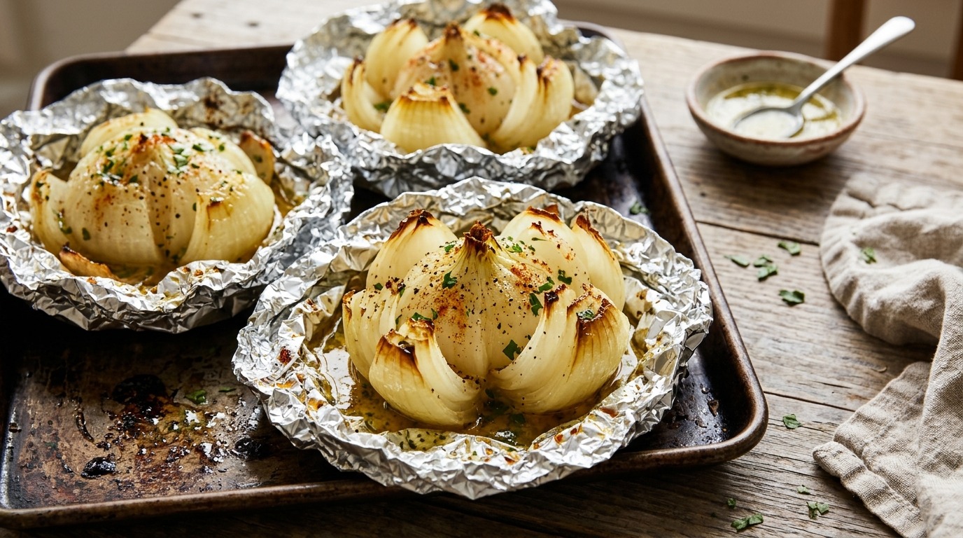 Oven baked onion boil, whole sweet onions opened like flowers in foil