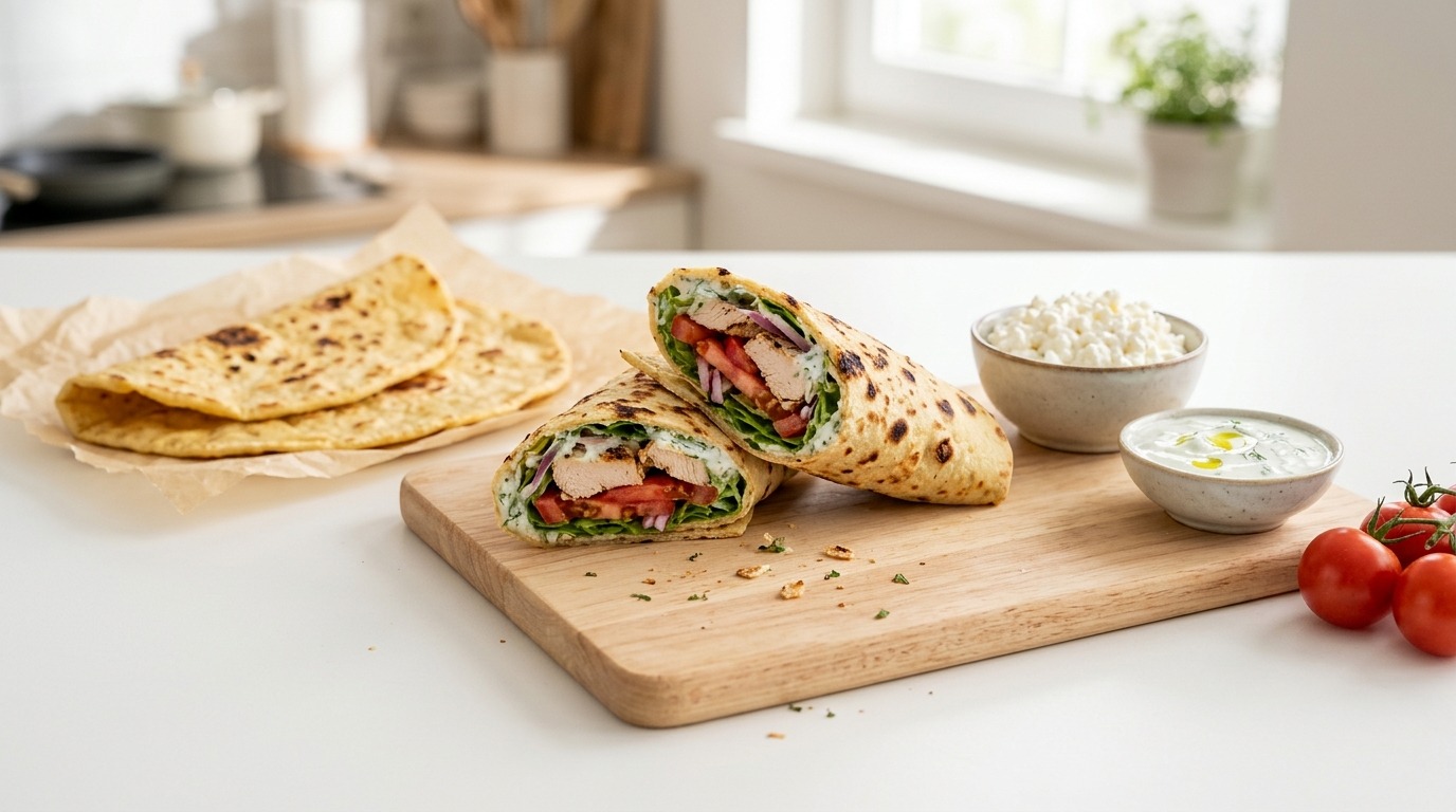 Viral cottage cheese flatbread wraps filled with grilled chicken and salad