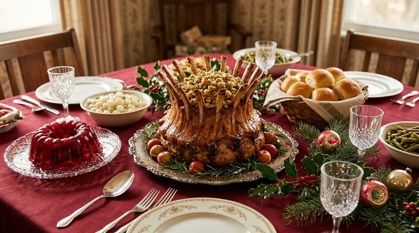 Vintage Christmas dinner dishes on a red tablecloth with a crown roast of pork, cranberry mold and dinner rolls