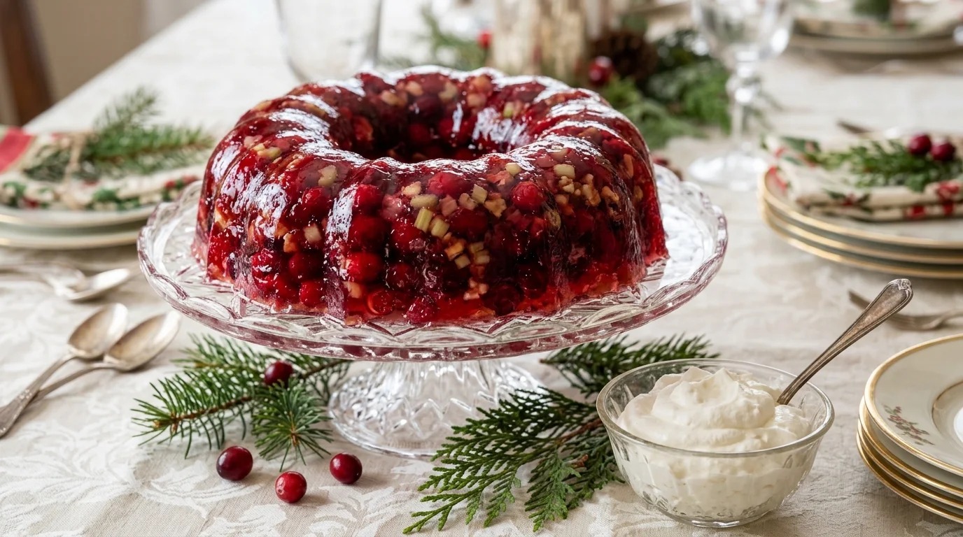 Ruby red cranberry gelatin ring mold on a cut glass cake plate with whipped topping