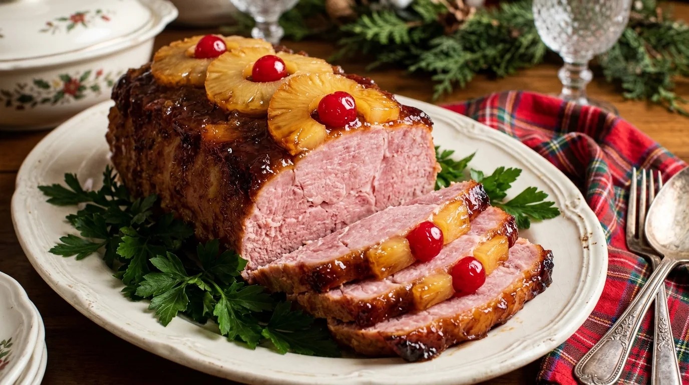 Sliced ham loaf topped with pineapple rings and cherries on a white platter