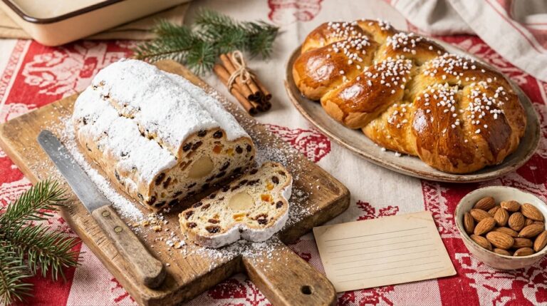 Old-fashioned Christmas breads: sugar-dusted stollen and a cardamom braid on a vintage Christmas tablecloth