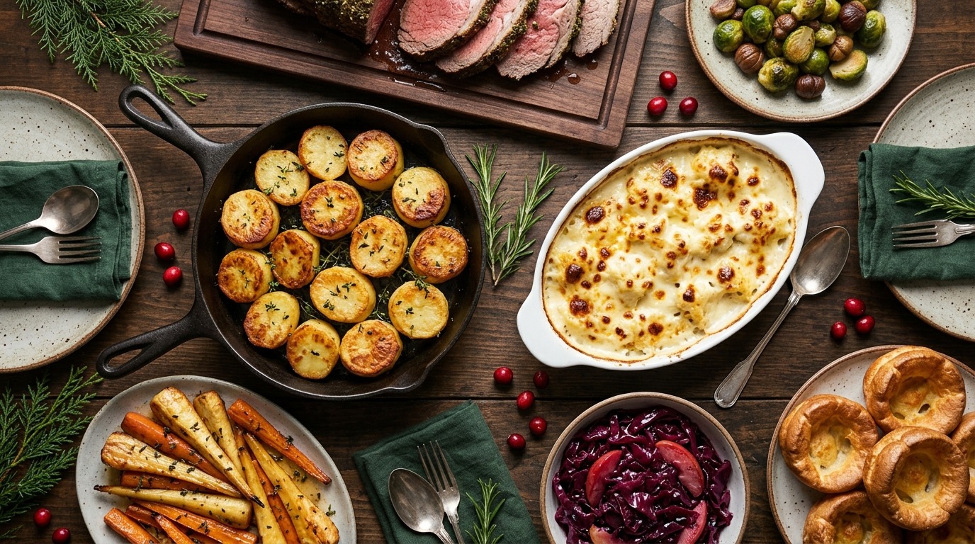 Christmas dinner side dishes spread with golden fondant potatoes in the center