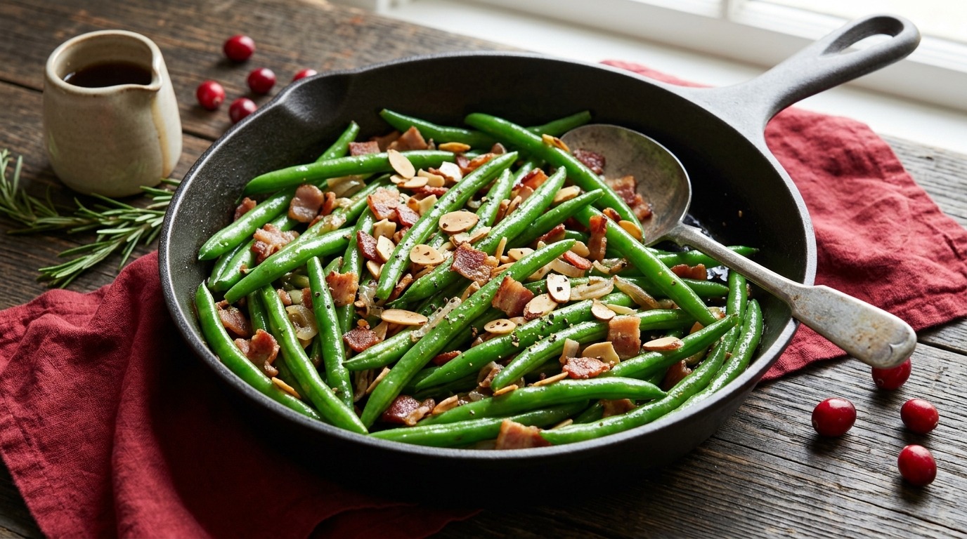 Green beans tossed with bacon in a skillet