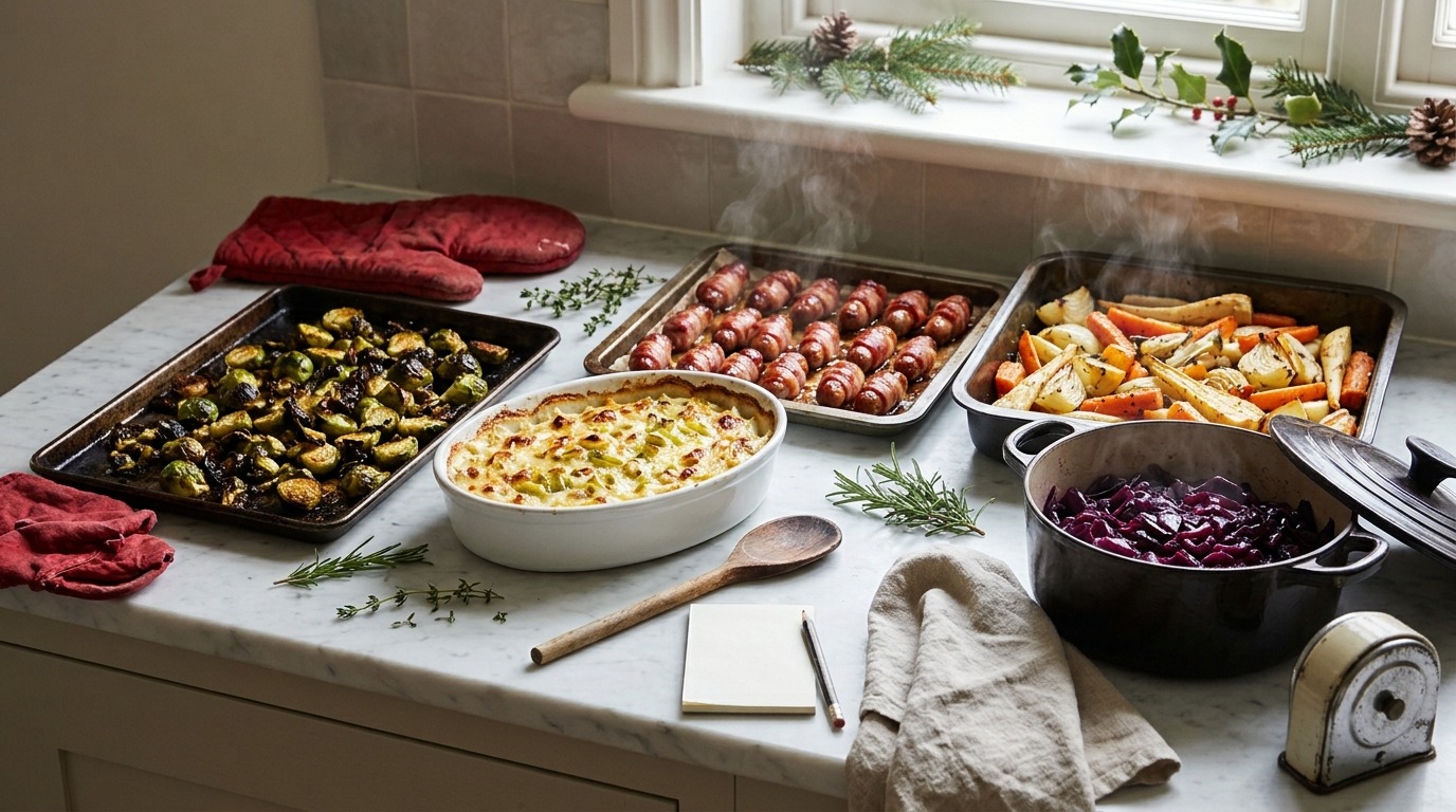 Christmas dinner side dishes roasting in trays ready to serve