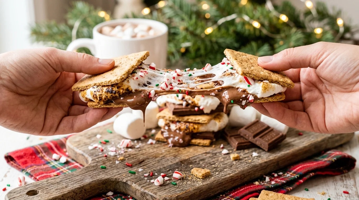 Gooey Christmas s'mores pulled apart on a plaid napkin with peppermint pieces