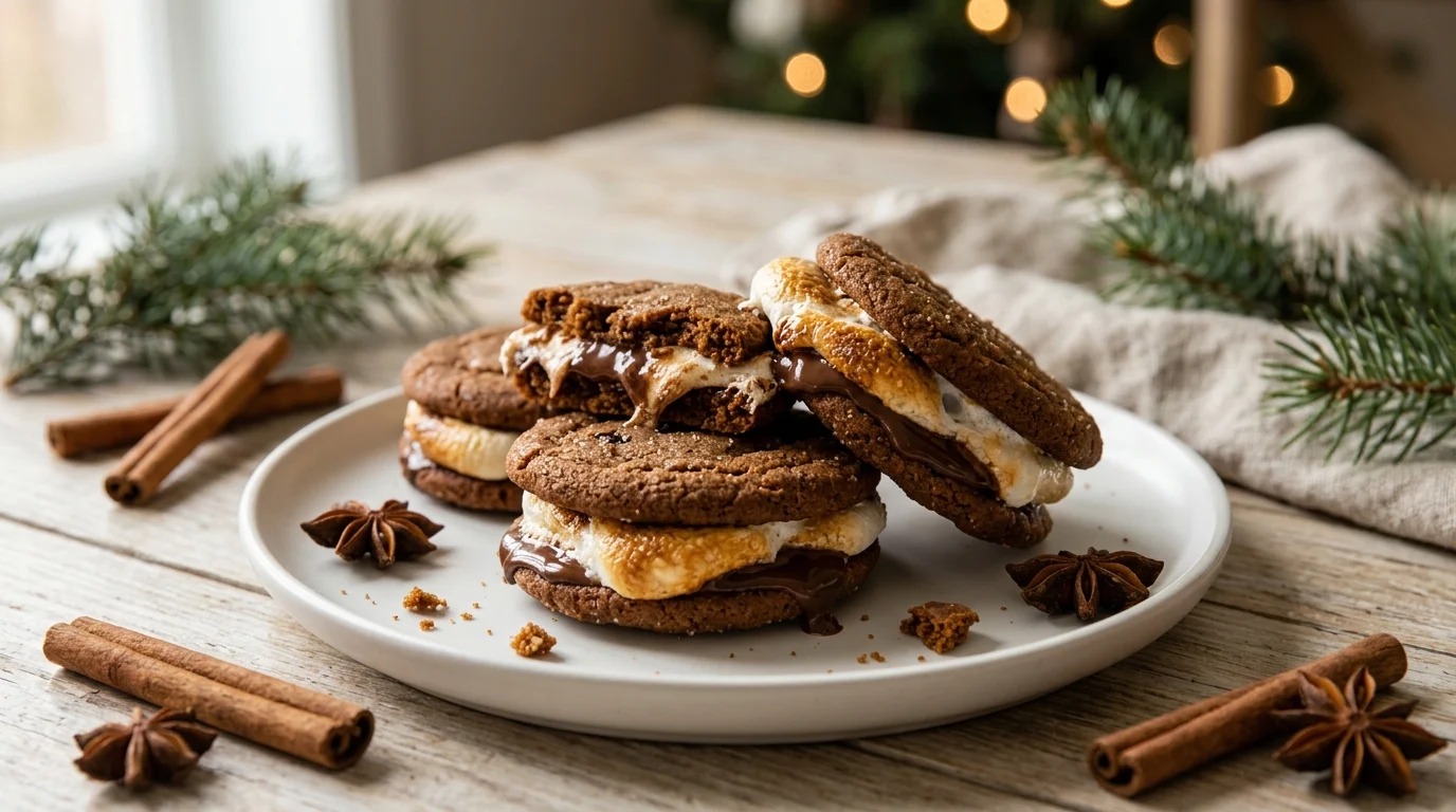 Gingerbread cookie sandwiches with dark chocolate and marshmallow on a plate