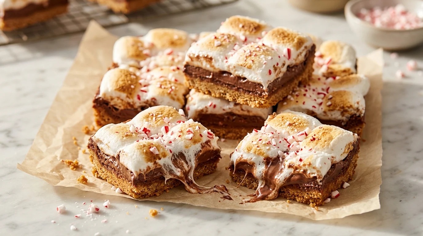 Peppermint bars with chocolate, golden marshmallow topping and crushed candy cane