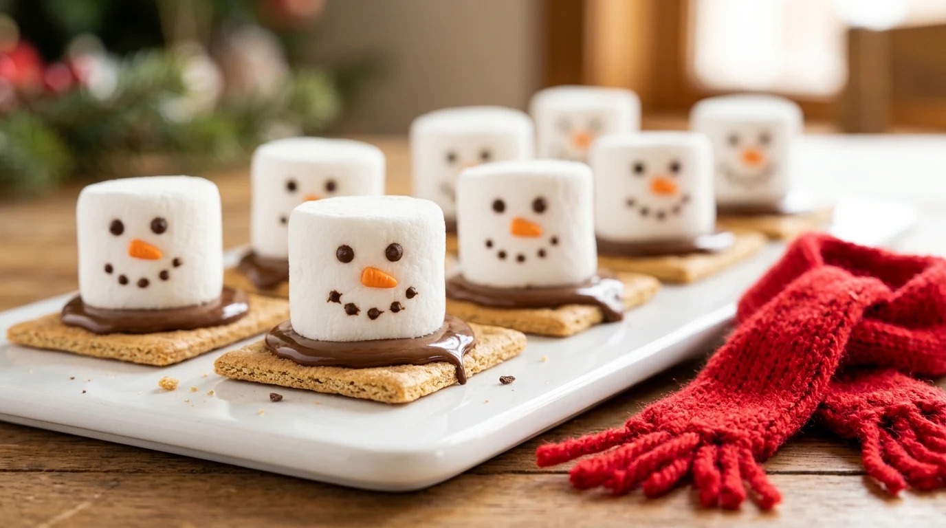 Snowman marshmallow s'mores with chocolate chip eyes on a white platter