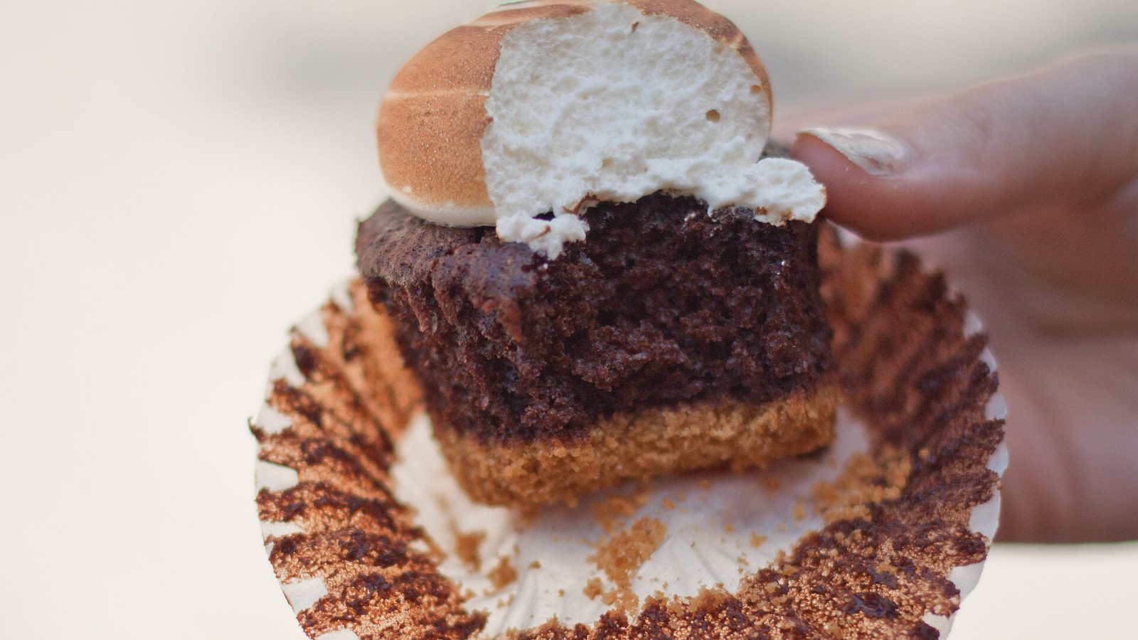 S'mores cupcake with a graham cracker base and toasted marshmallow top