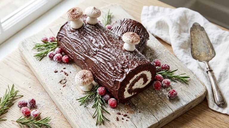 Chocolate yule log cakes start with bark frosting and meringue mushrooms on a wooden board