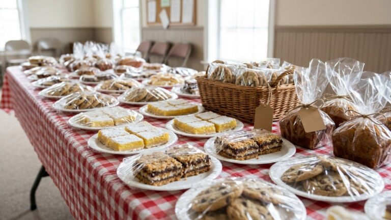 Church bake sale recipes: wrapped lemon bars, cookies and mini loaves on a checked table