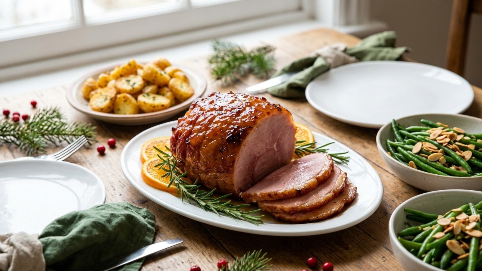 Christmas dinner for two: a small honey glazed ham on a platter with roasted sides