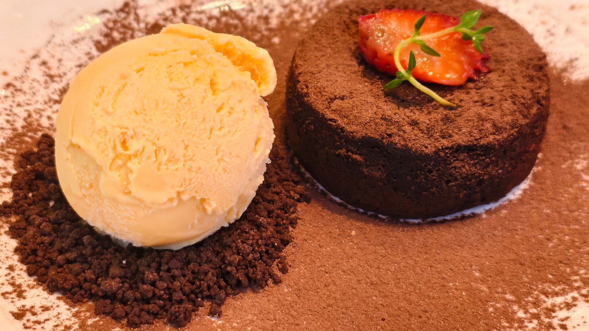 Christmas dinner for two dessert: chocolate lava cake with vanilla ice cream