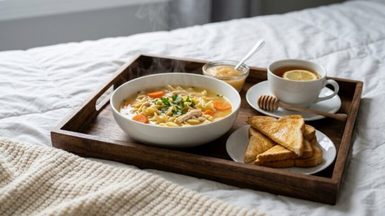 Sick day comfort food tray with chicken noodle soup, toast, tea and applesauce on a quilt