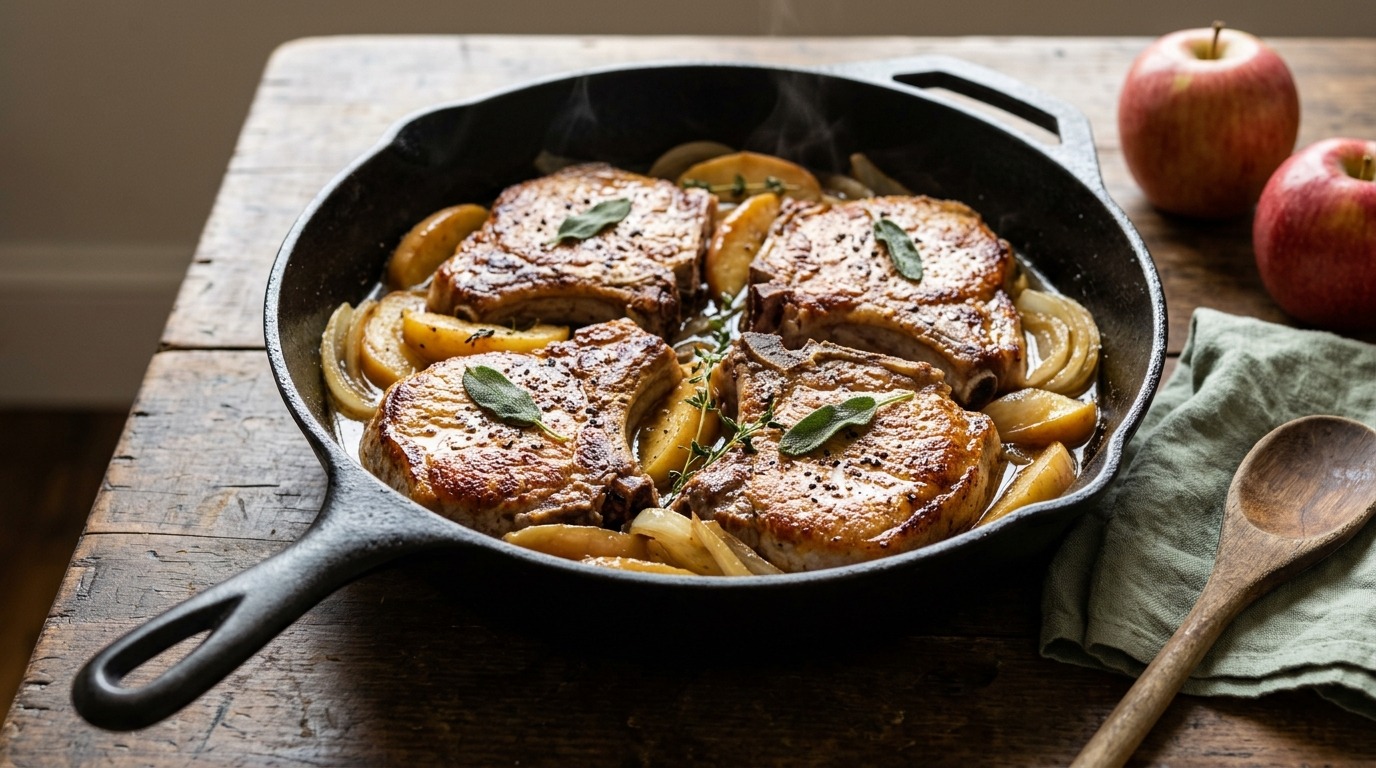 Seared pork chops with caramelized apples and onions in a cast iron pan