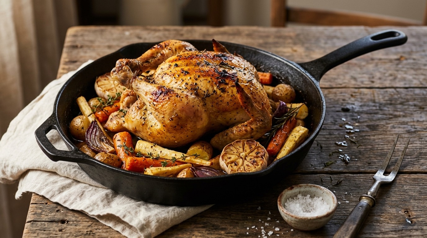 Whole roasted chicken with carrots, parsnips and potatoes in a cast iron skillet