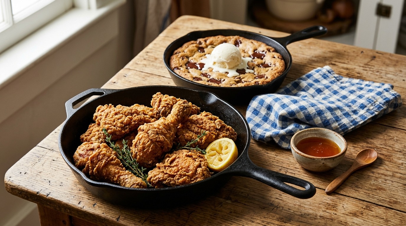 Southern fried chicken in a black cast iron skillet beside a skillet cookie on a farmhouse table