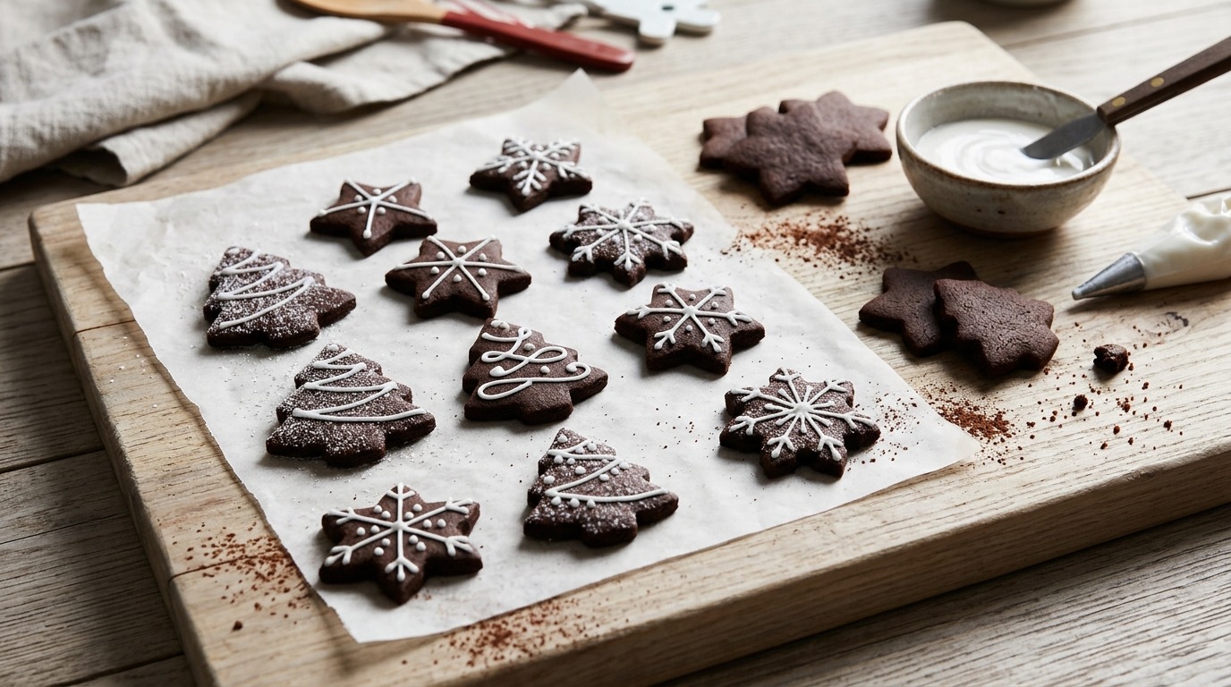 Dark cocoa star, tree and snowflake cut-outs piped with thin white icing lines