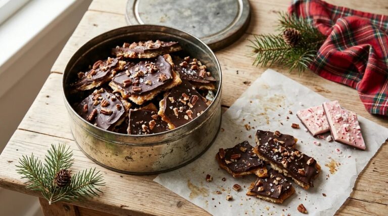 Saltine toffee with dark chocolate and pecans in a vintage holiday cookie tin