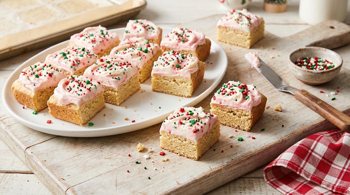 Frosted pink bars cut into squares and covered with red, green and white sprinkles