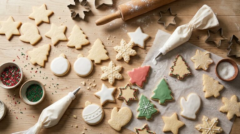 Star, tree and snowflake cut-out cookies being decorated with white royal icing on a wooden table