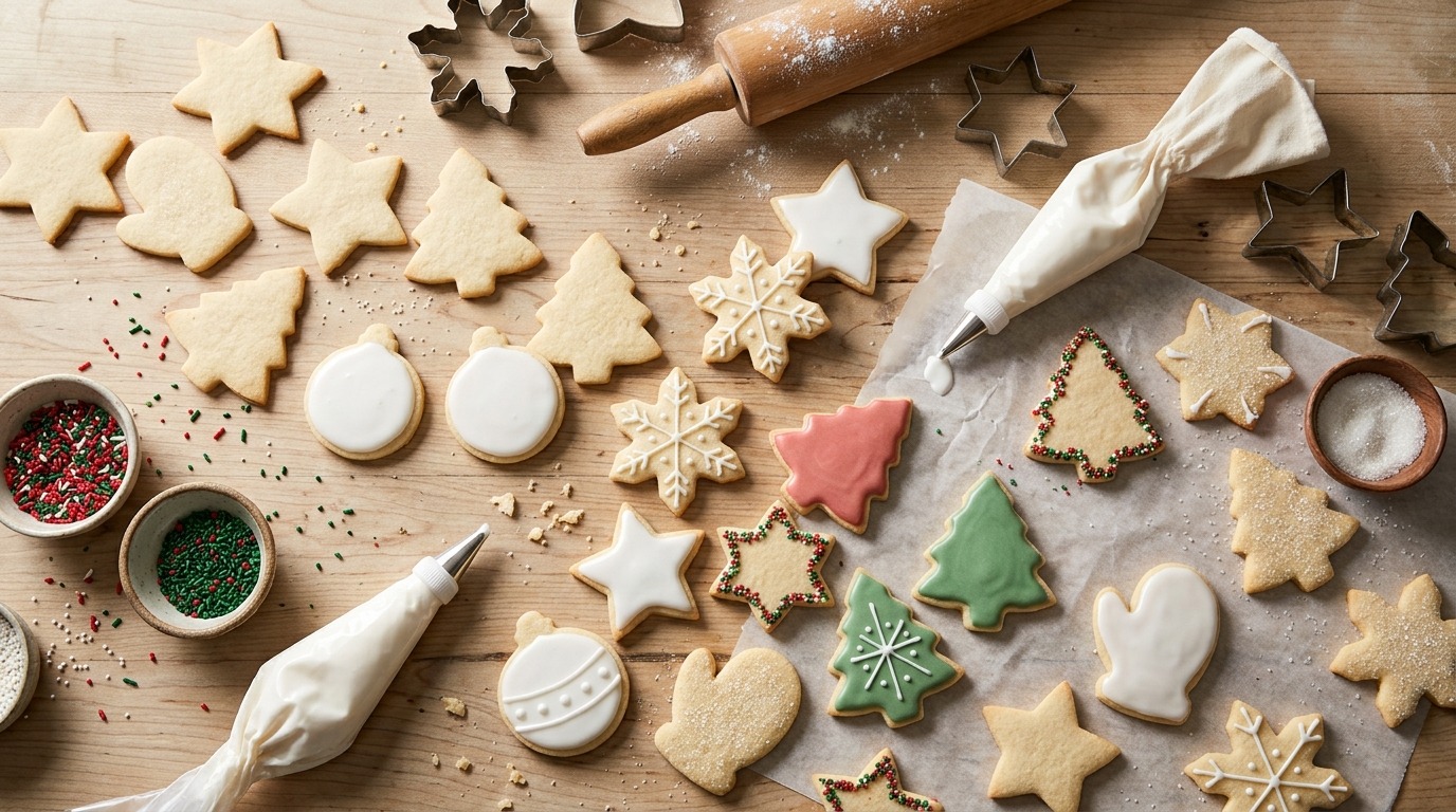 Star, tree and snowflake cut-out cookies being decorated with white royal icing on a wooden table