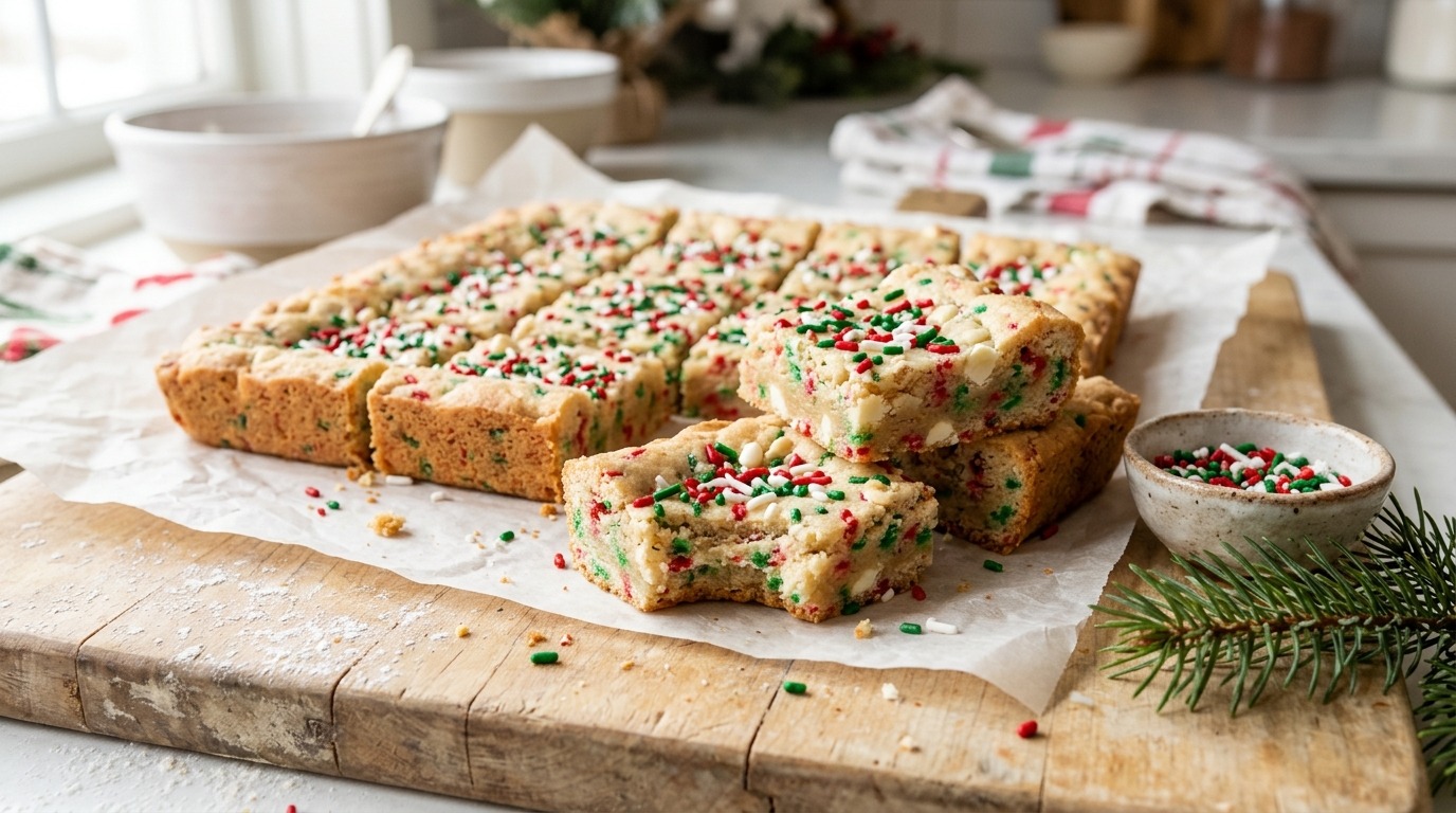 Funfetti cookie bars cut into squares with holiday sprinkles