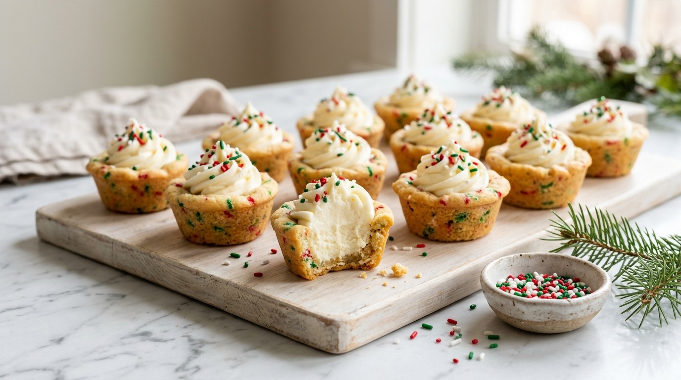 Mini cheesecake cookie cups topped with Christmas sprinkles