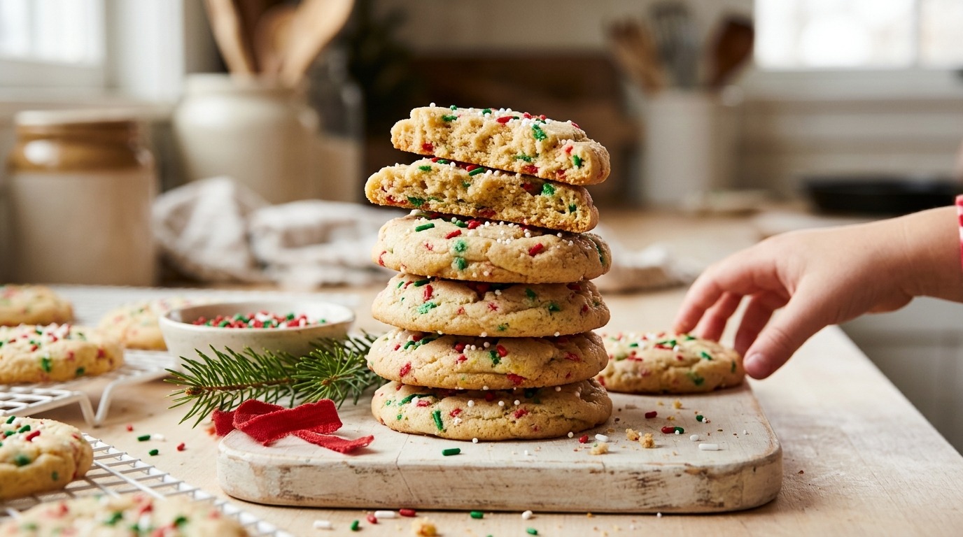 Stack of soft funfetti Christmas cookies with red, green and white sprinkles