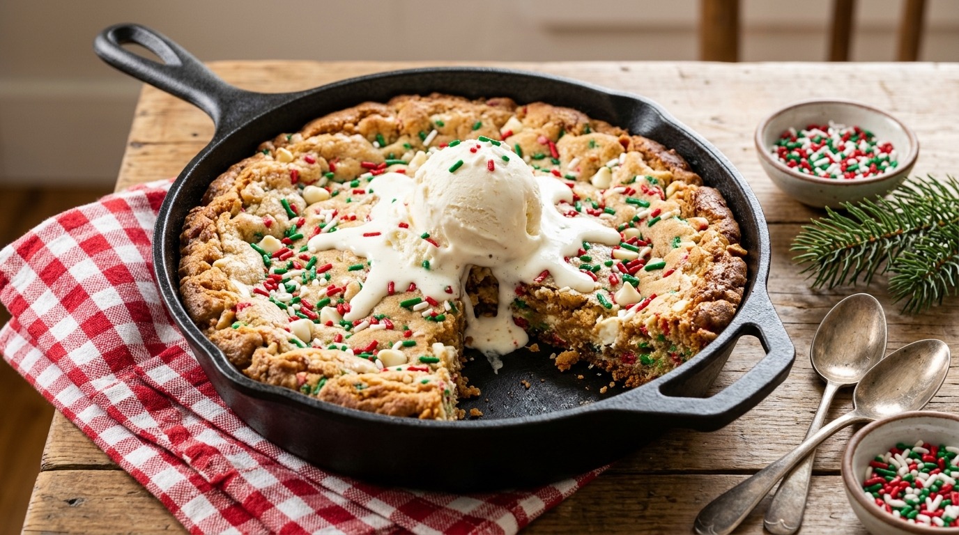 Giant funfetti skillet cookie with vanilla ice cream