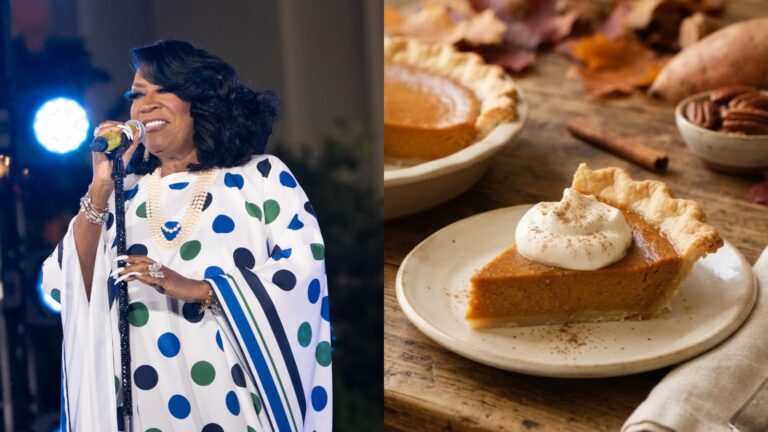 Patti LaBelle sweet potato pie style slice with whipped cream beside a real photo of the singer