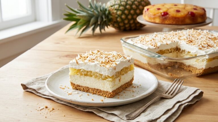 Square of layered no-bake pineapple dream with graham crust, cream cheese filling and coconut topping