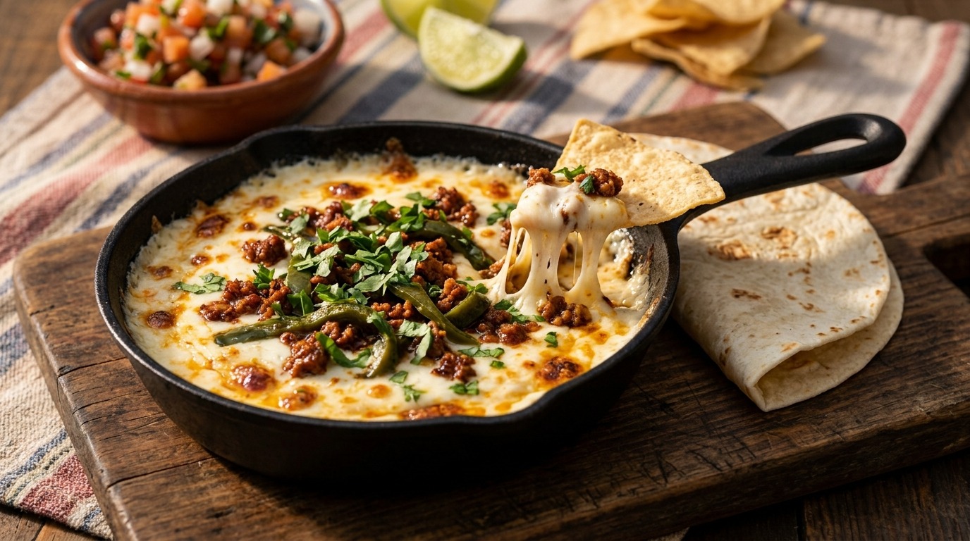Queso fundido with chorizo and poblano peppers served with tortilla chips