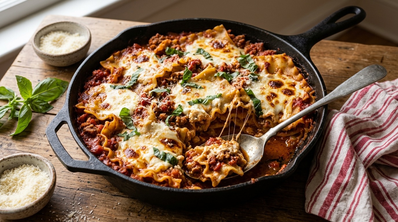 Cheesy lasagna with sausage, ricotta and fresh basil