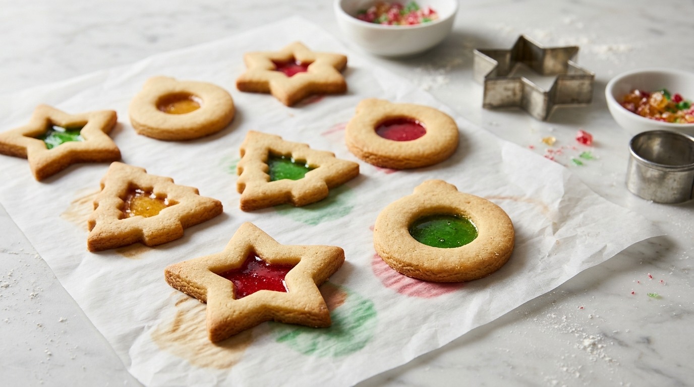 Star, tree and ornament cookies with glowing red, green and gold candy centers on parchment