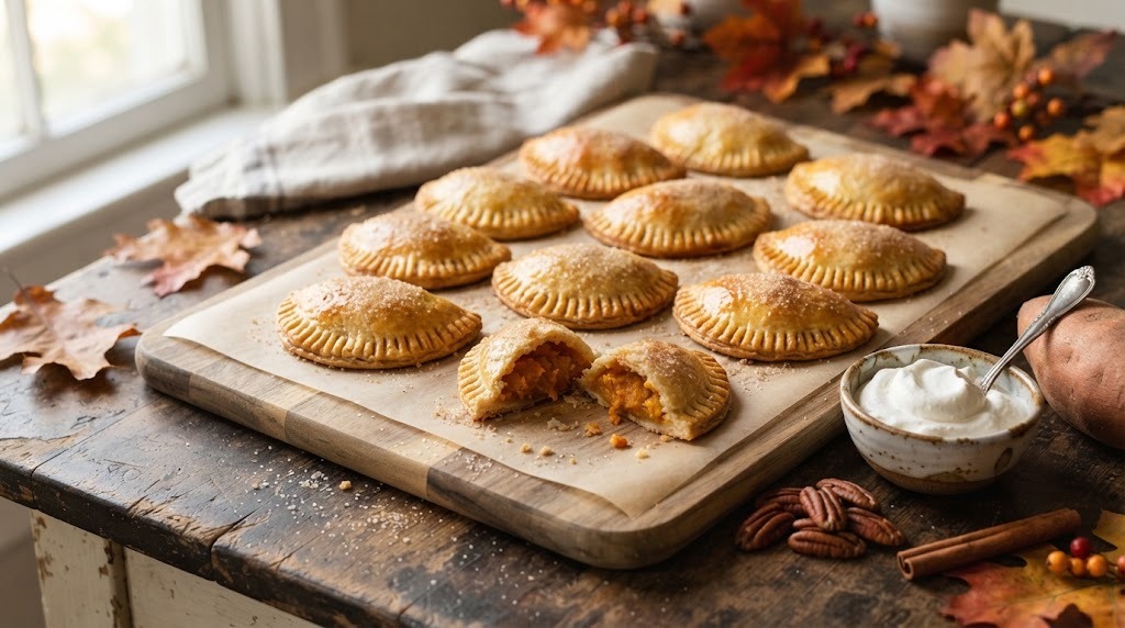 Golden sweet potato hand pies on a baking sheet