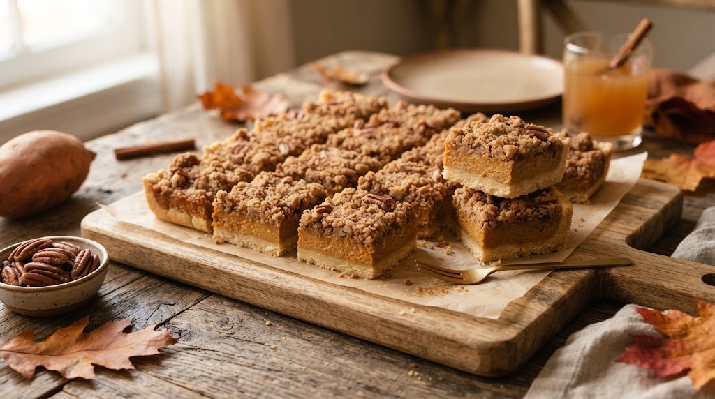 Sweet potato pie bars with pecan crumble topping