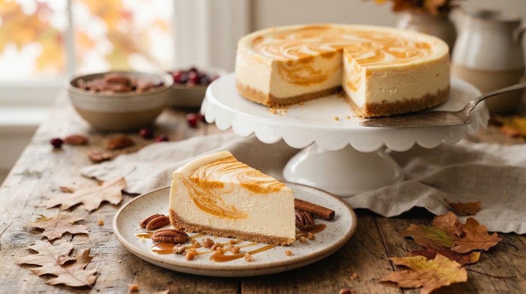 Sweet potato swirl cheesecake on a cake stand