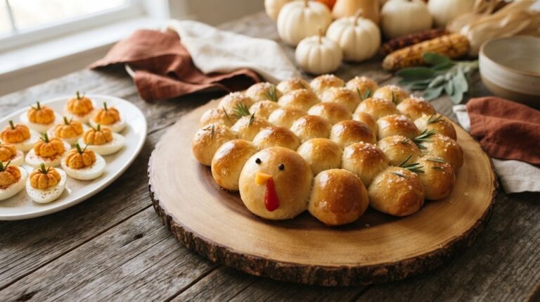 Turkey shaped Thanksgiving food centerpiece of pull-apart dinner rolls with pumpkin deviled eggs