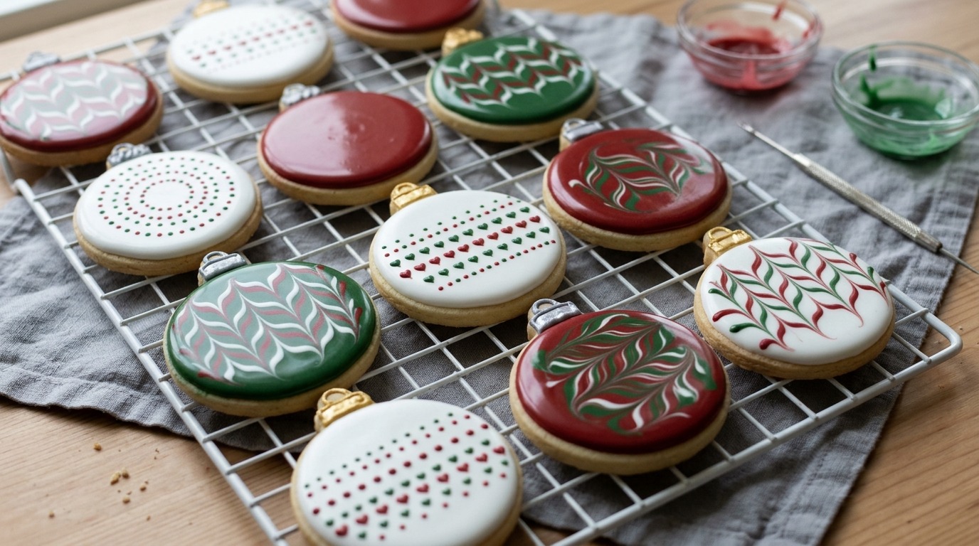 Round ornament cookies with marbled red, green and white royal icing on a cooling rack