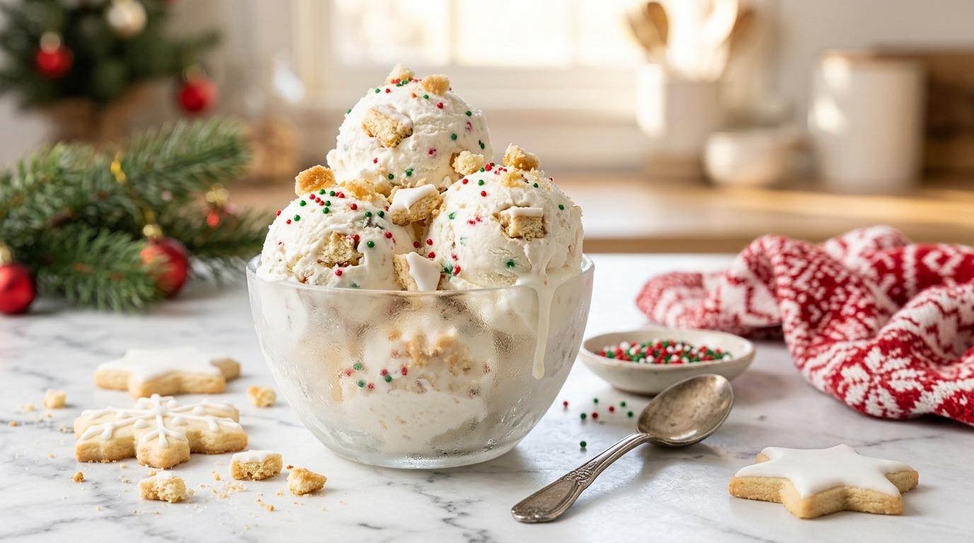 Christmas ice cream desserts: sugar cookie ice cream with sprinkles in a glass bowl