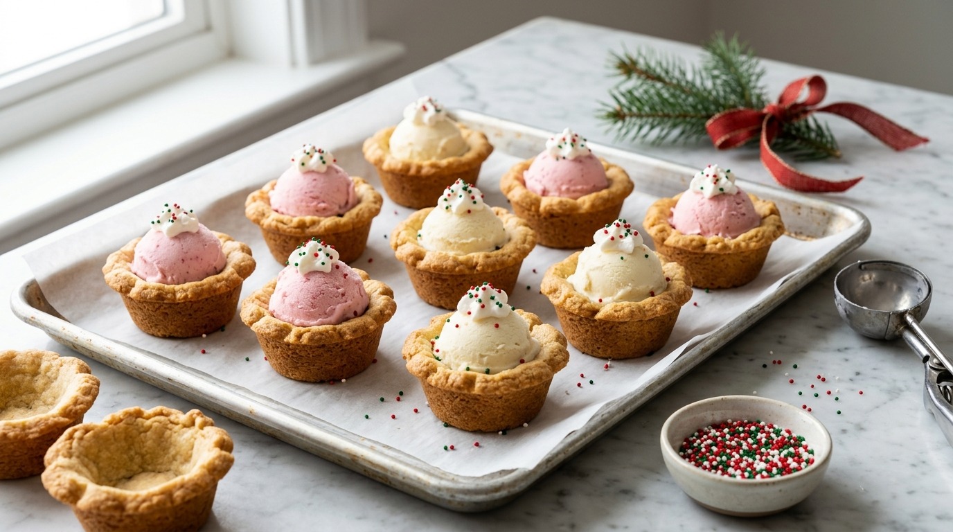 Sugar cookie cups filled with strawberry and vanilla scoops on a baking tray