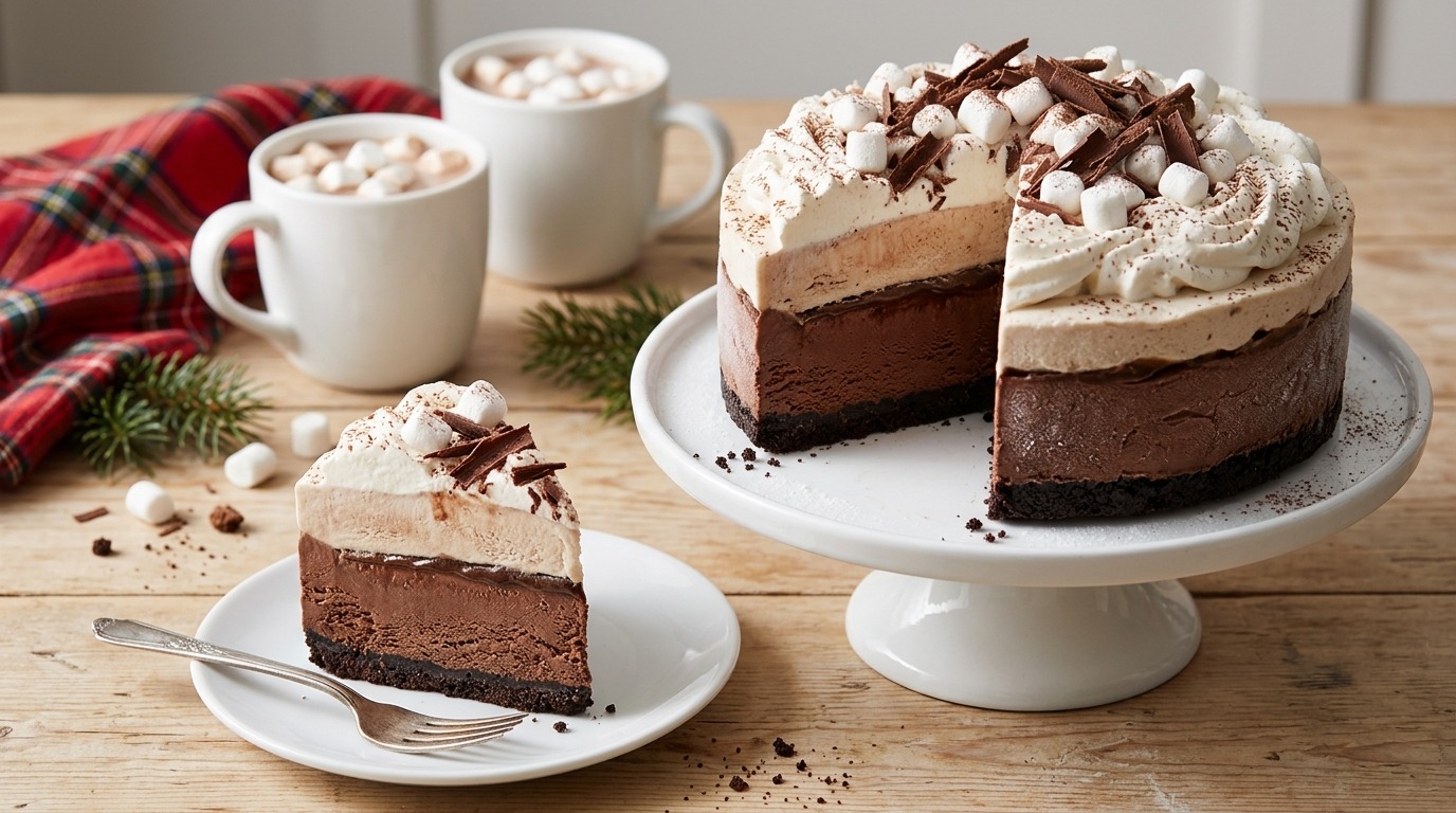 Christmas ice cream cake with hot chocolate layers, marshmallows and chocolate curls