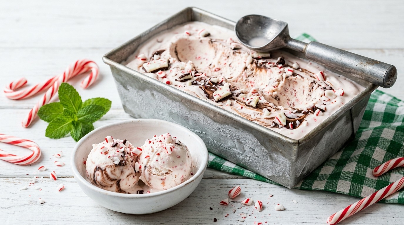 Peppermint bark no-churn ice cream with crushed candy canes in a loaf pan