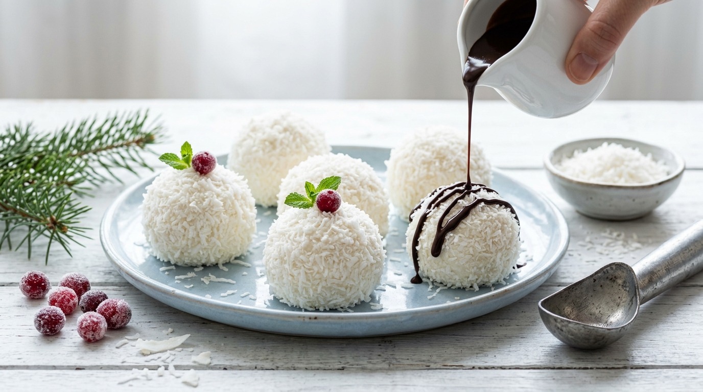 Coconut snowballs with chocolate sauce and sugared cranberries on a blue platter