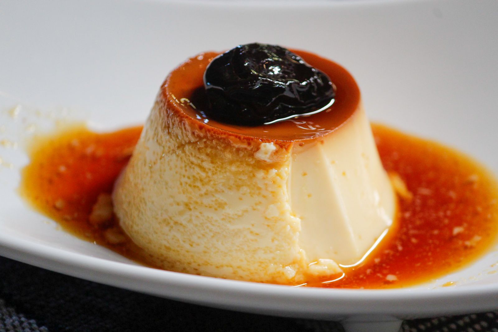 Soft food recipes: caramel flan baked custard on a plate